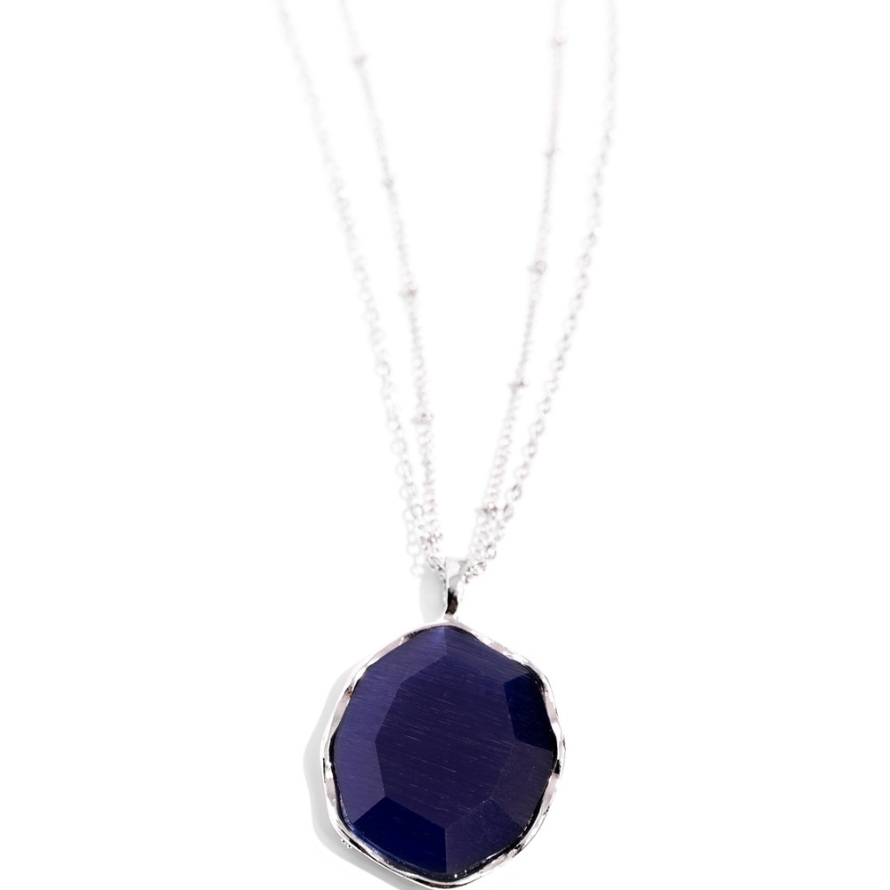 Blue Oval Pendant and Double Silver Satellite Necklace